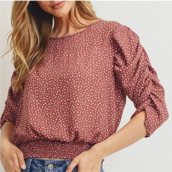 Paper Crane Smocked Band 3/4 Puff Sleeve Polka Dot Top Size XS - Picture 1 of 10